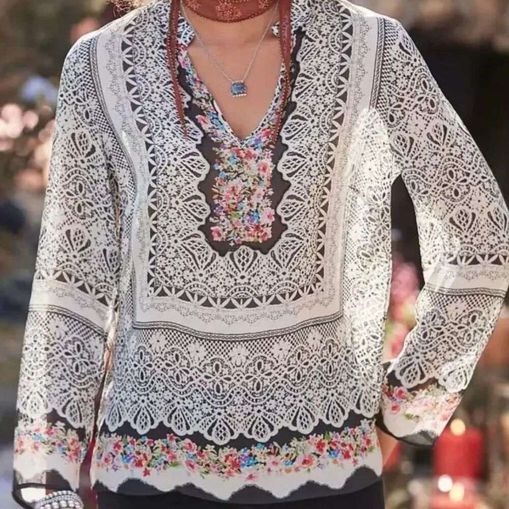 SUNDANCE Silk Vita Embellished Tunic Top Boho Beaded Blouse M